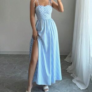 SHEIN Blue and White Striped Maxi Dress with Side Slit